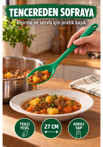 Tekli Yeşil Büyük Boy Silikon Kaşık 27 Cm Mutfak Yemek Pişirme Ve Servis Kaşığı Renkli Mutfak Gereci
