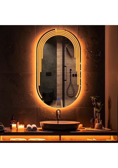 Eloura Amber Led'li Lazer Kumlamalı Lavabo & Banyo Aynası Dokunmatik Sensörlü 45 X 80 Cm Turuncu
