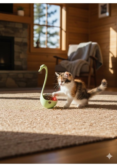 Lazerli Kuğu Kedi Oyuncağı Hareketli Hacıyatmaz & Mama Dağıtıcı Etkileşimli Egzersiz Oyuncağı