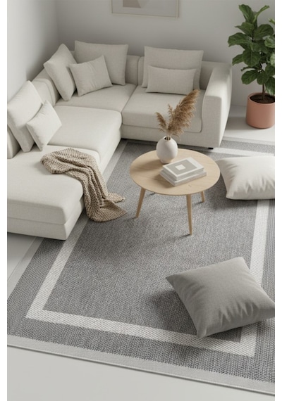 Sisal Prime Gri Krem Mavi İskandinav Yıkanabilir Bordürlü Halı Kilim Balkon Teras Koridor Halısı 1149