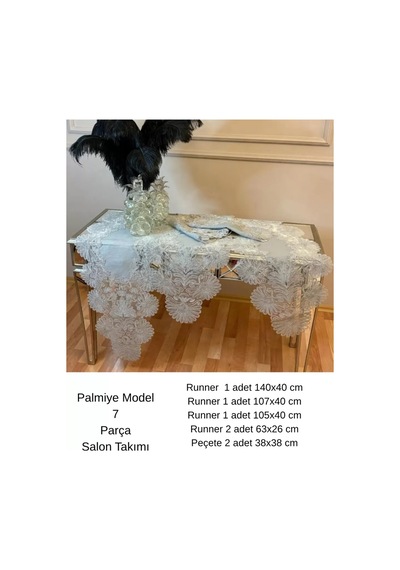 Salon Takımı 7 Parça Keten Masa Örtüsü Runner Seti Çeyizlik Palmiye Model Gri Çok Renkli