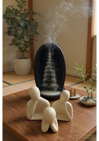 Tütsü Şelalesi Standı & Aile Figürü Biblo 4'lü Set Alçı Zen Meditasyon Dekor Minimalist