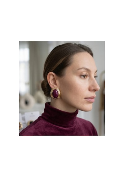 Lunarie Oval Vintage Statement Küpe 14k Gold Katmanlı Çerçeveli Bordo