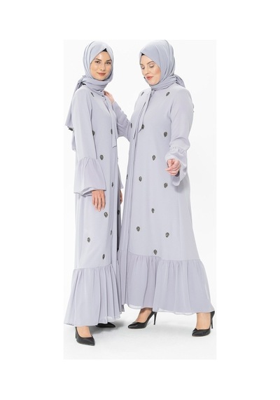 Düğmeli Taşlı Gri Ferace 3007-1
