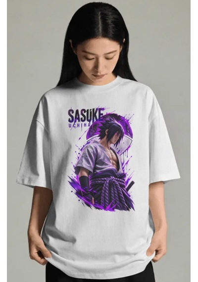 Unisex Oversize Sasuke Uchiha Naruto Anime Karakter Ön Baskılı Pr Beyaz