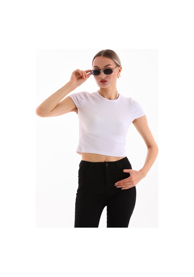 Loısy Kadın Likralı Kısa Kol Crop Bluz BEYAZ