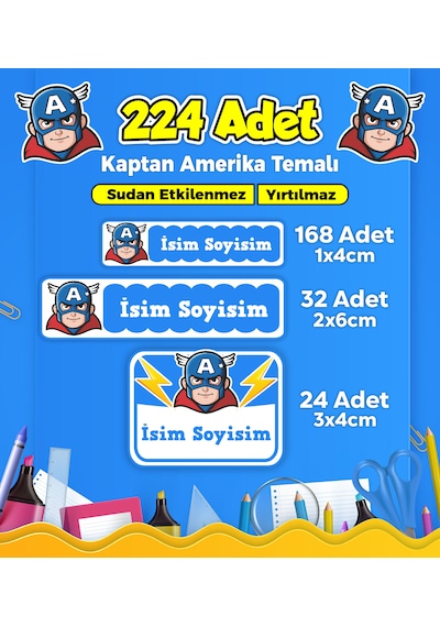 Kaptan Amerika Temalı Okul Kreş Kişiye Özel İsim Etiket Seti - Model 239 Çok Renkli