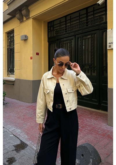 Bej Çift Cep Denim Crop Ceket Bcdf-255419 Çok Renkli