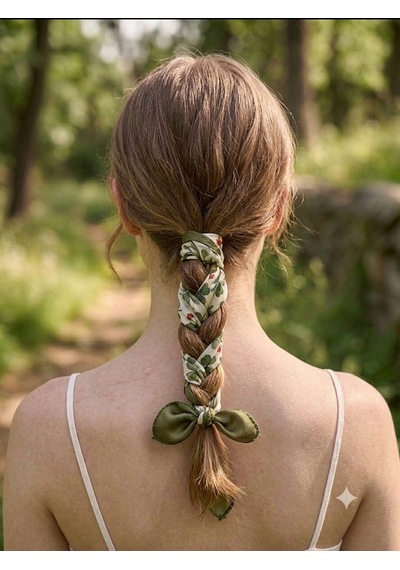 Trend Dokunuş Kadın 50-50 Saten Dört Yapraklı Yonca Fular Bandana Haki