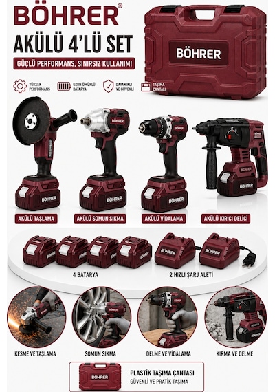 Böhrer Ba011396 4 Batarya 2 Şarj Aleti 4 Makine Kombo Set - 36v 5ah