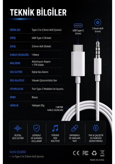 Metaforce Type C Aux Çevirici 1 Metre Dijital Ses Adaptörü 3.5mm Jack Alüminyum Gövde Type C To Aux Kablo