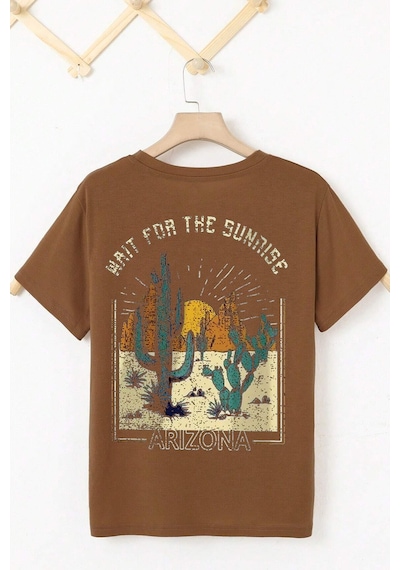 Unisex Arizona Baskılı Oversize Tshirt Kahverengi