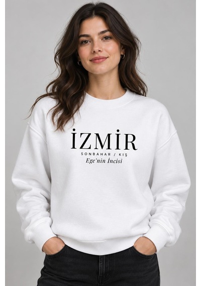 Gıovera İzmir Şehir Koleksiyonu Pamuklu Bisiklet Yaka Kadın Sweatshirt beyaz