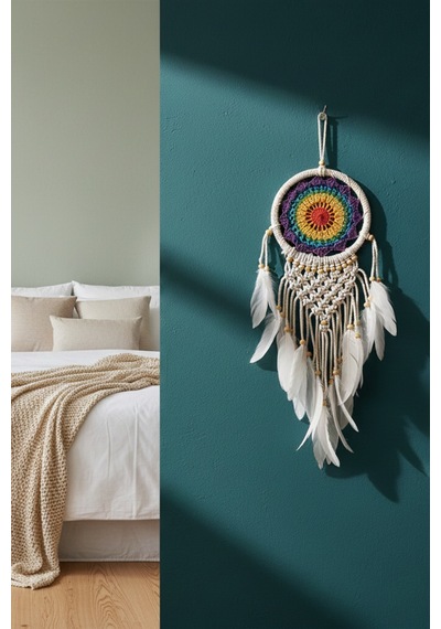 El Yapımı Rengarenk Desenli Ahşap Boncuklu Örgülü Makrome Ev Bohem Duvar Dekorasyonu Dream Catcher
