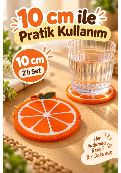 Portakal Desenli Bardak Altlığı 2'li 10 Cm Turuncu Meyve Figürlü Masa Ve Sehpa İçin Dekoratif Altlık