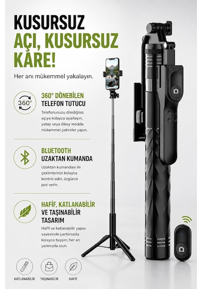Bluetooth Selfie Çubuğu Ve Tripod, 360 Dönebilen Telefon Tutucu, Uzaktan Kumandalı, Maksimum 175cm, Katlanabilir V Genel
