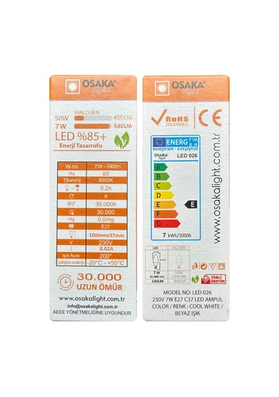 7w 50w 6500k Beyaz Işık E27 Duylu Mum Led Ampul, 4 Adet Diğer