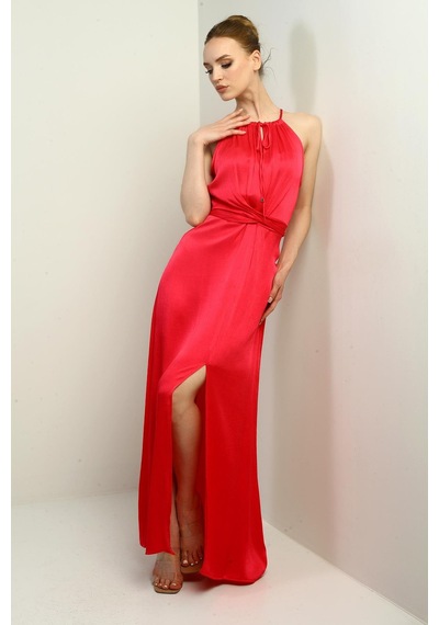 By Saygı Kadın İp Askılı Halter Yaka Beli Kuşaklı Önü Yırtmaçlı Fitilli Saten Uzun Elbise-40708 Fuşya By Saygı Kadın İp Askılı Halter Yaka Beli Kuşaklı Önü Yırtmaçlı Fitilli Saten Uzun Elbise-40708 Fuşya