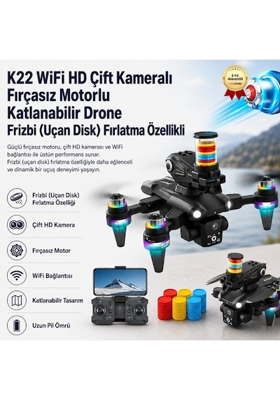 K22 Wifi Hd Çift Kameralı Fırçasız Motorlu Katlanabilir Drone Frizbi Uçan Disk Fırlatma Özellikli-1692