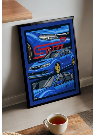 Subaru Impreza Wrx Stı Siyah Ahşap Çerçeveli Poster, Dekoratif Araba Duvar Tablosu