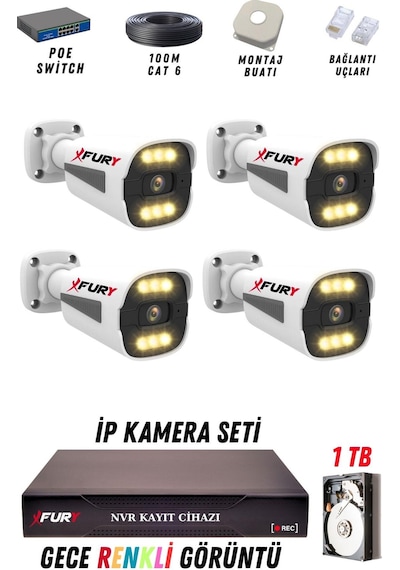 Fury 4 Kameralı Ip Güvenlik Kamerası Seti 4mp Gece Renkli Su Geçirmez 1506 1tb