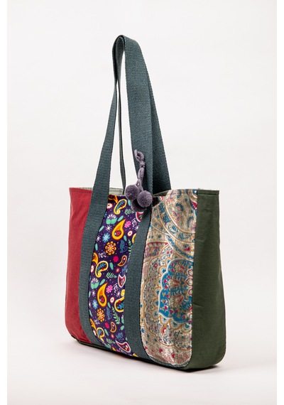 Fabric Craft Bag Omuz Çantası Kadın Duck Kumaş Desenli Büyük Boy Günlük Çanta Haki - Kırmızı