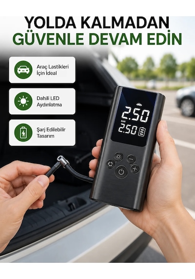 Usb Şarjlı Taşınabilir Hava Kompresörü Dijital Ekranlı Siyah