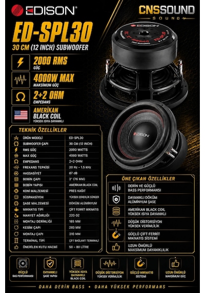 Edison Ed-spl30 30 Cm 2000 Rms 4000w 2+2 Ohm Amerikan Black Coil Oto Bass Subwoofer