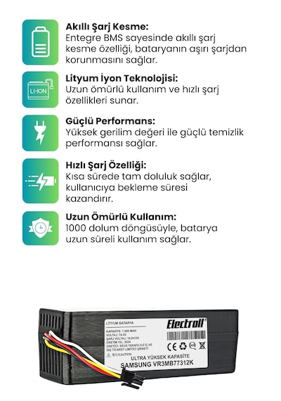 Samsung Uyumlu Vr3mb77312k Robot Süpürge Bataryası 7000mah