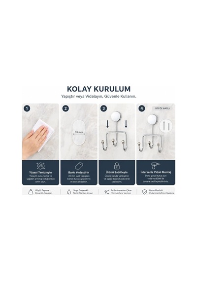 Alper Banyo İris Krom Kaplama Üçlü Askılık, Yapışkanlı Ve Vidalı Montajlı Duvar Askısı, 35 Mm Oval Bantlı Diğer