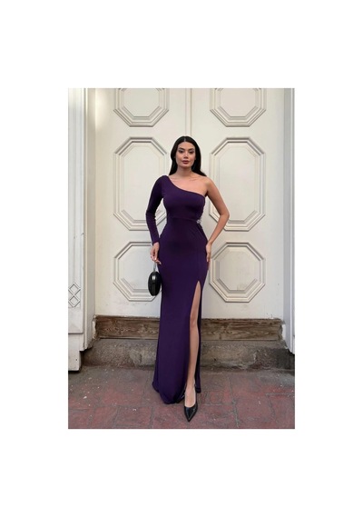 Veraura Lifestyle Kadın Trend Model Simli Kumaş Asimetrik Yaka Drapeli Tek Kollu Elbise Mor