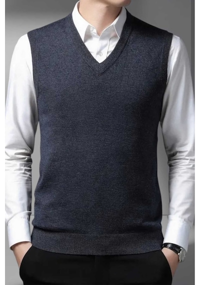 Tezzgelsin Erkek V Yaka Triko Tüylenmez Süveter Erkek Slim Fit Süveter Koyu Füme