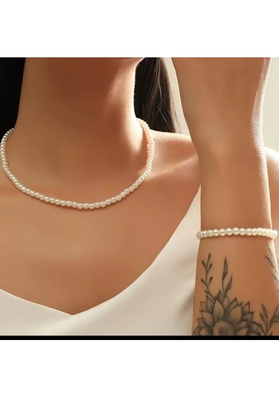 Sade Şık İnci Kolye Bileklik Set Beyaz