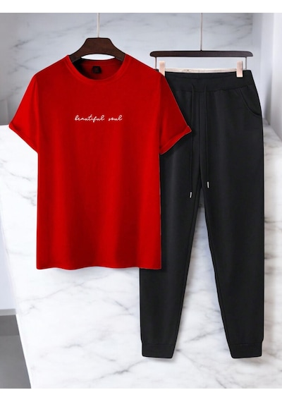 Uyguntarz Unisex Beatiful Soul Tasarım Basklı Tshirt Eşofman Takımı Kırmızı