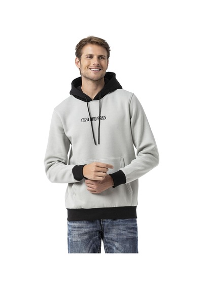 Cipo & Baxx Erkek Kapüşonlu Kanguru Cepli Baskılı Sweatshirt Cl582 Gri