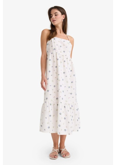 Defacto Kare Yaka Floral Poplin Askılı Midi Elbise F8909ax25auwt32 Beyaz