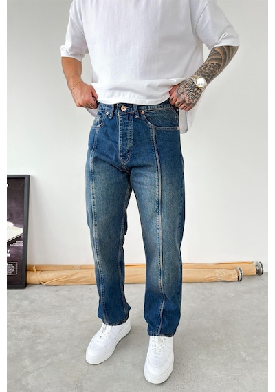Vintage Mavi Ön Tasarım Çımalı Baggy Pantolon