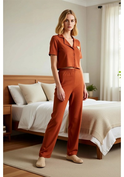Benerly Kadın Gömlek Yaka Standart Kol Regular Kalıp Fitilli Örme Pijama Tarçın