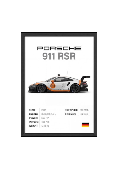Porsche 911 Rsr Siyah Ahşap Çerçeveli Poster, Dekoratif Araba Duvar Tablosu