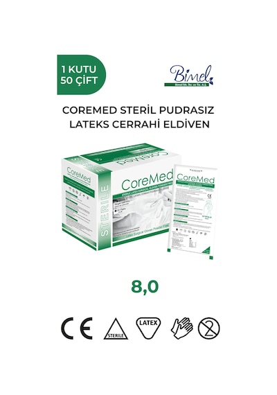 Coremed Steril Cerrahi Lateks Pudrasız Eldiven 8 Beden 50 Çift