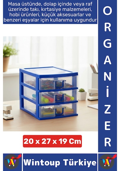 Takıorganizer Dayanıklı Plastik Masa Üstü Dolap Raf Küçük Eşya 3 Çekmeceli Komidin Mini Organizer Çok Renkli