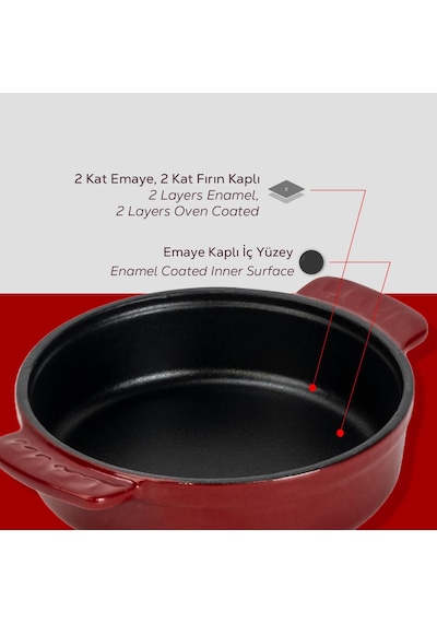 Lava Döküm Yuvarlak Güveç Kabı Döküm Demir Yekpare Çift Kulplu Çap Ø 14cm.-bordo Bordo