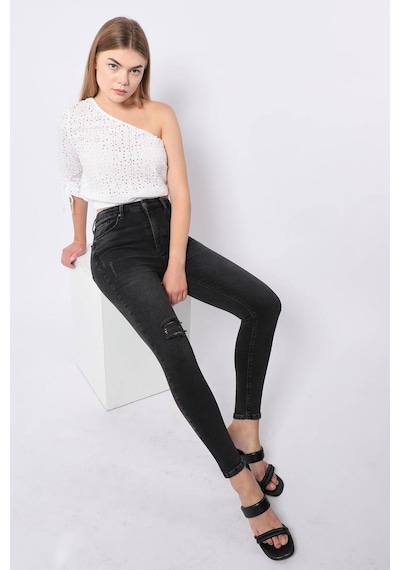 Kadın Antrasit Dizi Yırtık Süper Skinny Fit Jean Pantolon 001
