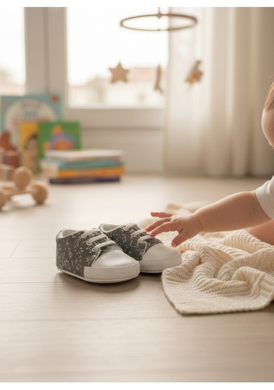 Balbeybi Bebek Klasik Müzik Notalı Ayakkabı Kaydırmaz Taban İlk Adım Ortapedik Yumuşak Taban Günlük Gri