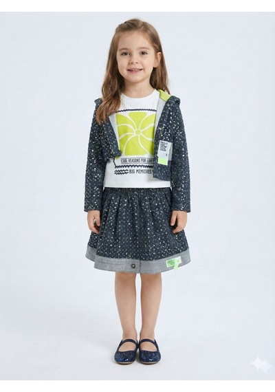 Xo Kids Simli Kumaş Kapüşonlu 3lü Kız Çocuk Etek Takımı 3-7 Yaş 4416 Lacivert