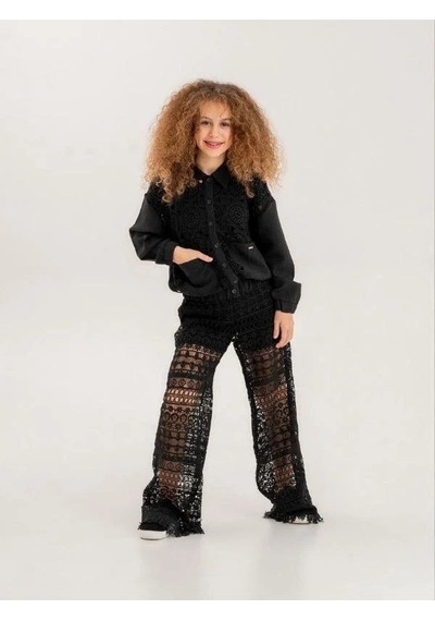 Zekids Kız Çocuk Dantelli Motifli Brode Bomber Ceket-13933 Siyah