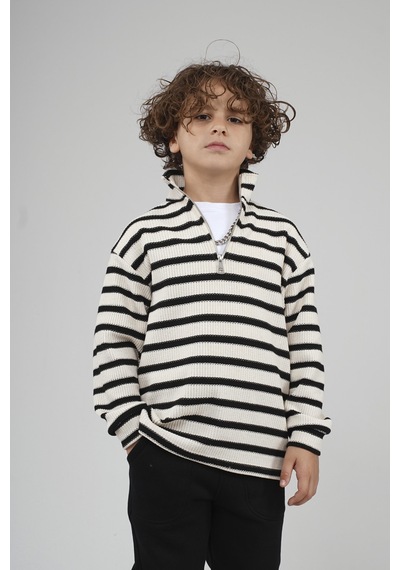 King-Brich Kingbrich Kids Oversize Kalıp Çizgili Yakası Fermuarlı Sweatshirt SIYAH