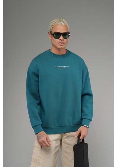 Nakış Detaylı Logolu Bisiklet Yaka Oversize Kalıp Sweatshirt Yeşil