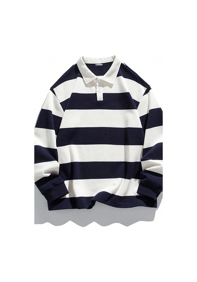 Ghassy Co. Erkek London Çizgili Şeritli Pamuklu İçi Polarlı Polo Yaka Sweatshirt Lacivert