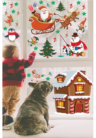 Yılbaşı Sticker Noel Baba Geyikler Kardan Adam Penguenler Ve Yılbaşı Süsleri